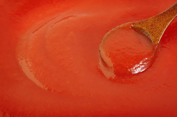 Puré Tomates Con Cuchara Madera — Foto de Stock