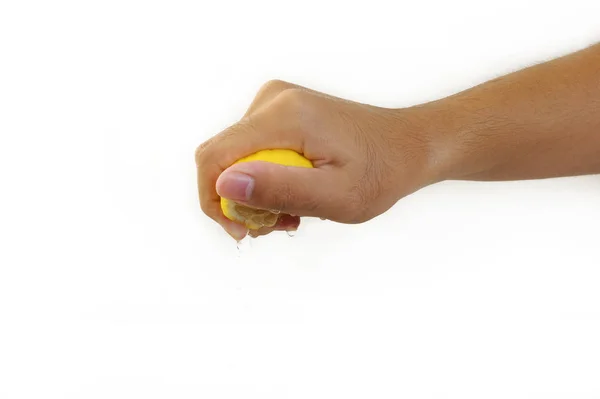 Male Hand Squeezing Lemon White Background — Stock Photo, Image