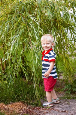 küçük çocuk mutlu, gülümseyerek, ağaçlar, çalılar bir arka plan karşı ayakta