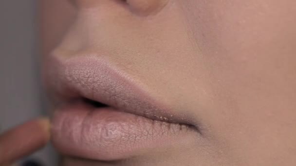 Макияж художник рисует губы красивой девушке, пухлые губы — стоковое видео