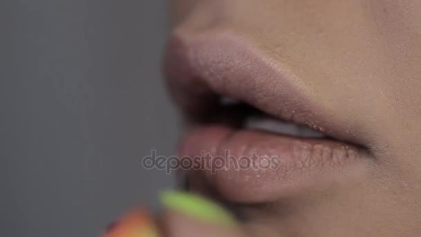 Visagist schildert lippen te mooi meisje, mollige lippen — Stockvideo