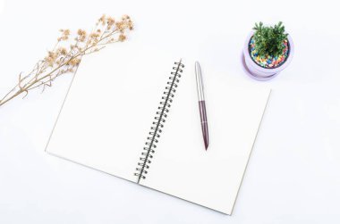 Defter, kalem, akıllı telefon, ağaç kurutulmuş çiçekler beyaz bir arka plan üzerinde.