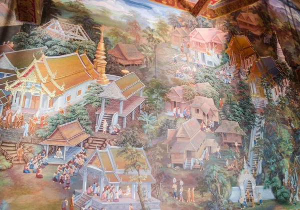 Lamphun, Thailand - 02 Jan 2016: De oude muurschildering schilderij binnen Wat Phra Bat Huai Tom tempel provincie. Vertel ons over de levensstijl van Thailand, noorden van Thailand. — Stockfoto