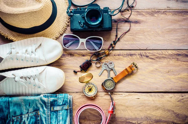 Travel Clothing accessories Apparel along for the trip — Stock Photo, Image