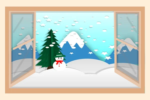 Šťastná za okno za panenku sníh, padající sníh, chlad — Stockový vektor