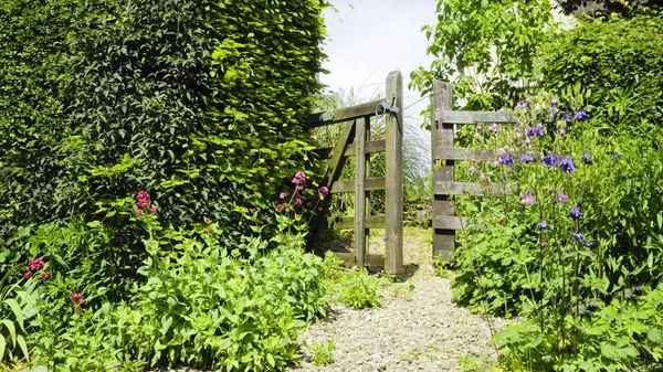 Rustic old gate to a summer garden, in an english rural village . — Stock Photo, Image