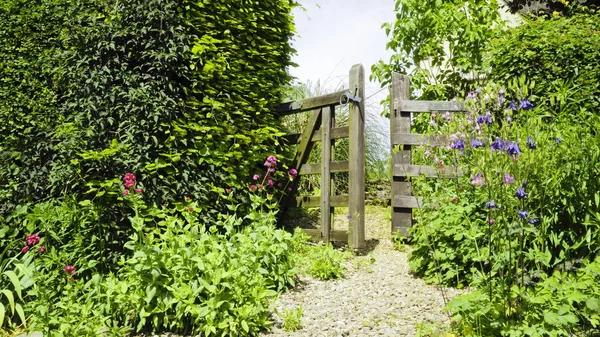 Portão velho rústico para um jardim de verão, em uma aldeia rural inglesa  . Imagem De Stock