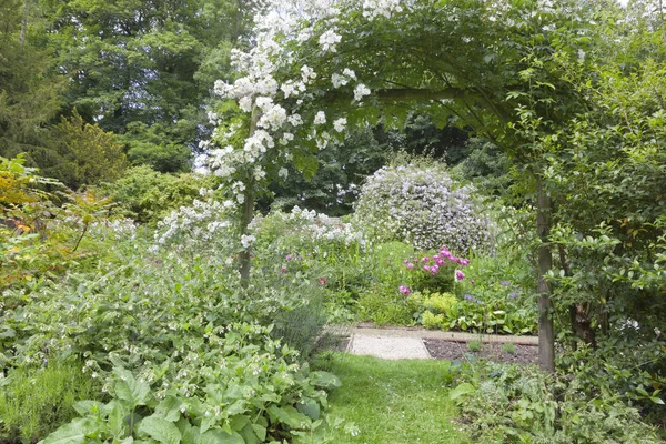 Englischer romantischer Garten mit Pergola mit weißer Rose und blühenden Hüttenpflanzen . — Stockfoto