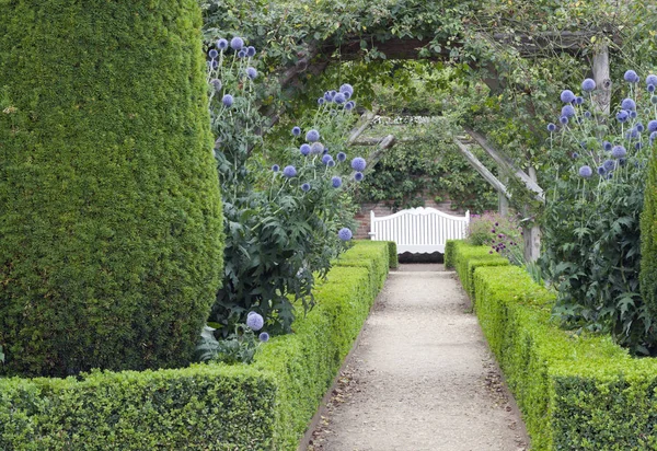 Walkway towards white bench under wooden arch and green hedge — Stock Photo, Image