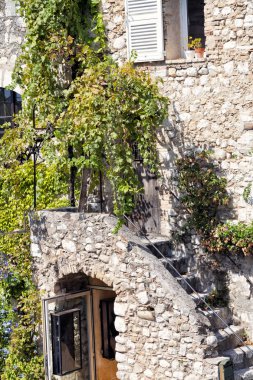 Grapevine tırmanarak büyümüş yan merdiven ile eski taş ev .