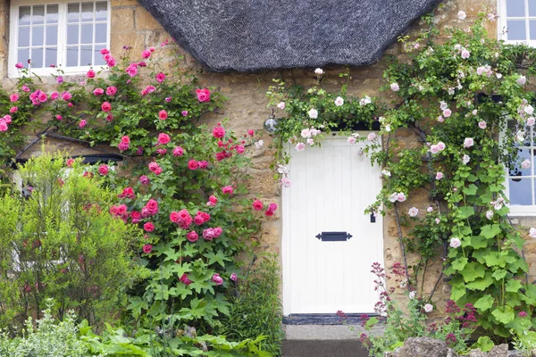 白色木门在科茨沃尔德迷人的石头小屋与粉红色和红色玫瑰色上升墙壁 — 图库照片