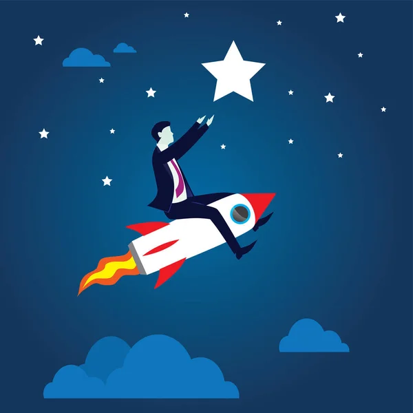 Businessman Flying High Riding a Rocket — Stock Vector