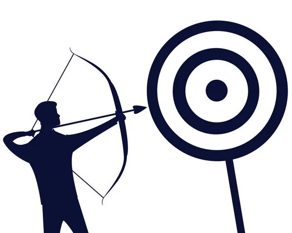 L'homme d'affaires se concentre pour frapper la cible avec l'arc et la flèche — Image vectorielle