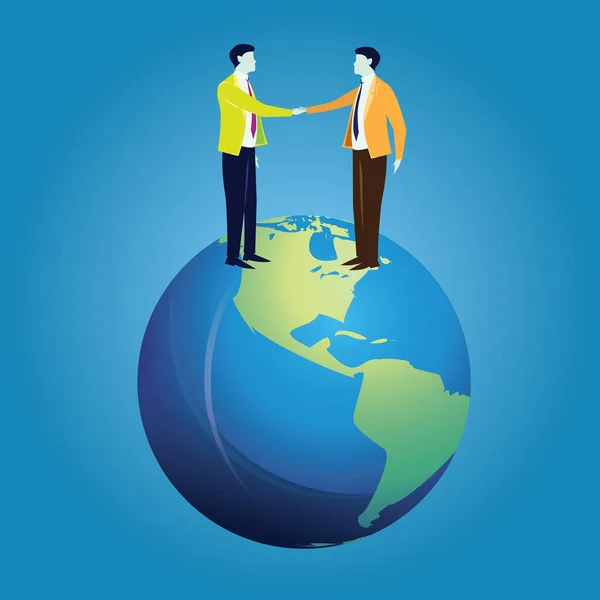 Два Бизнесмена Пожимающие Друг Другу Руки Вершине Земли Символизируют Глобальное — стоковый вектор