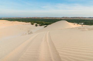 Beyaz kum tepeleri üzerinde gündoğumu çölde