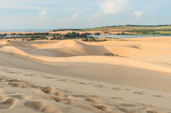 Beyaz kum tepeleri üzerinde gündoğumu çölde