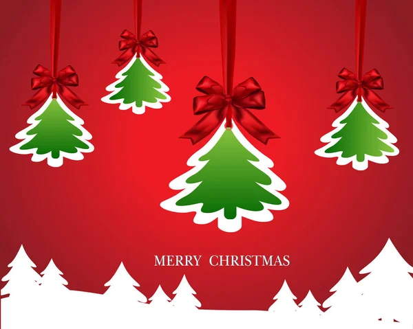 Kırmızı yay şerit ve ağaç asma Noel kağıt kartı