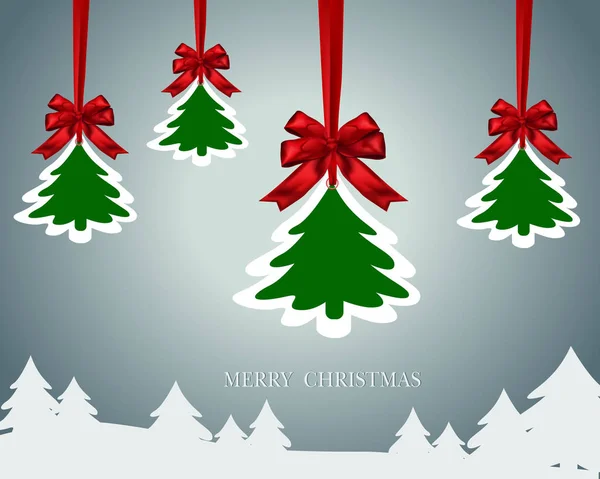 Kırmızı yay şerit ve ağaç asma Noel kağıt kartı
