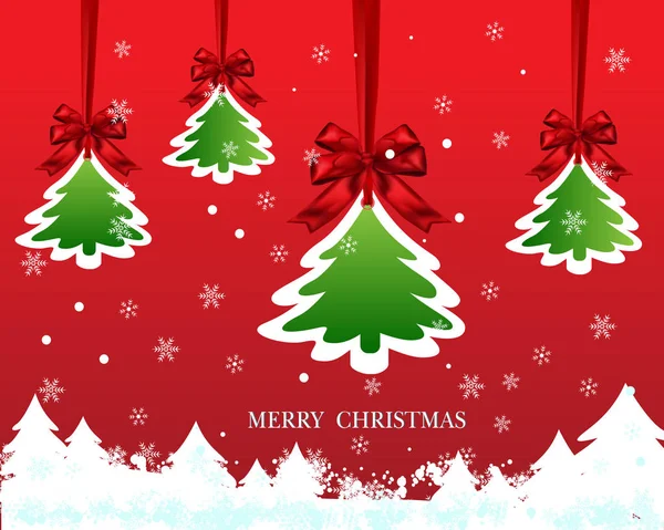 Kırmızı yay şerit ve ağaç asma Noel kağıt kartı
