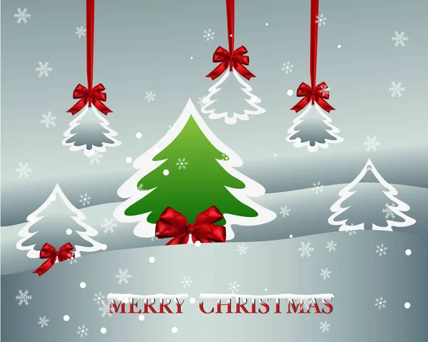 圣诞纸卡与挂红色蝴蝶结缎带和树 — 图库矢量图片#