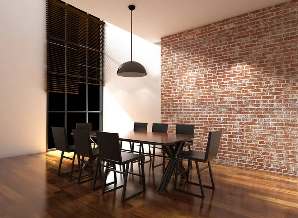 Beyaz ve tuğla duvar yemek odası 3d çizim