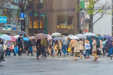 Ginza District, Japonya 'da yağmurlu bir gün alışveriş mağazaları