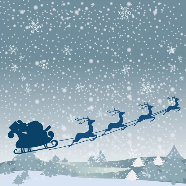 Noel ağacı ve kar arka plan ile Noel Baba ve gökyüzü üzerinde Ren geyiği. Mutlu Noeller ve mutlu yeni yıl.