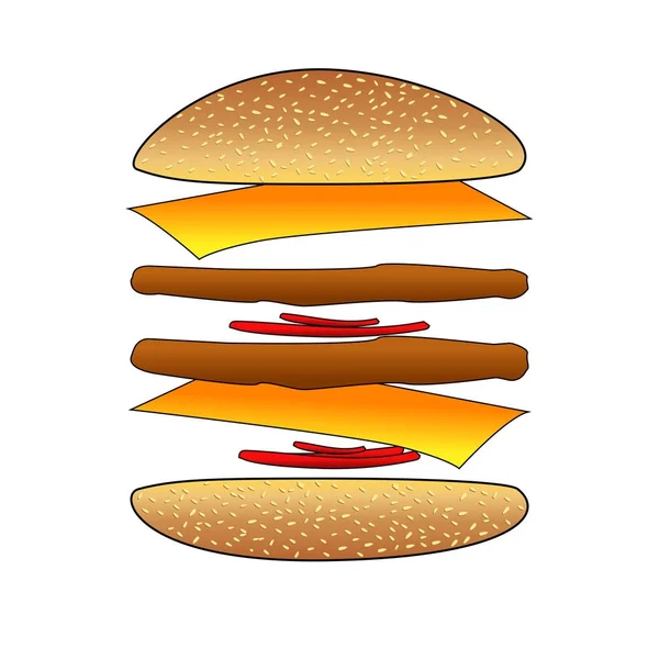 Flying ingredients Hamburger beef and tomato, cheese. — Stock Vector