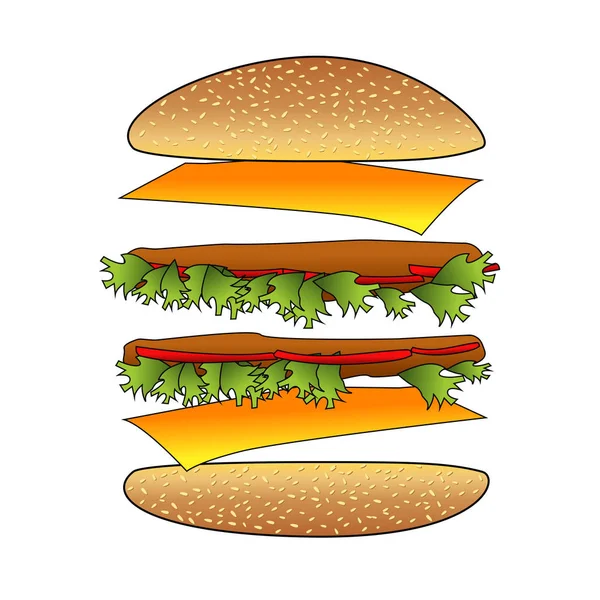 Flying ingredients Hamburger beef and vegetable, cheese. — Stock Vector