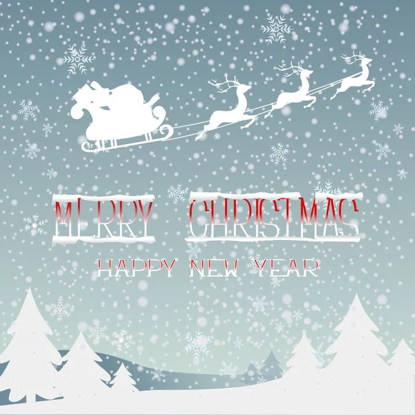 Babbo Natale e renne sul cielo. Buon Natale e felice anno nuovo è lettere di ghiaccio con cappucci di neve . — Vettoriale Stock