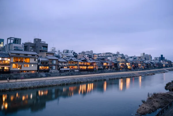 Kyoto Japão Janeiro 2018 Pôr Sol Rio Kamogawa Perto Estação — Fotografia de Stock