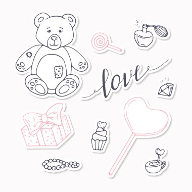 Sevgililer günü aşk ile siyah ve kırmızı çıkartma koleksiyonu el çekilmiş işareti