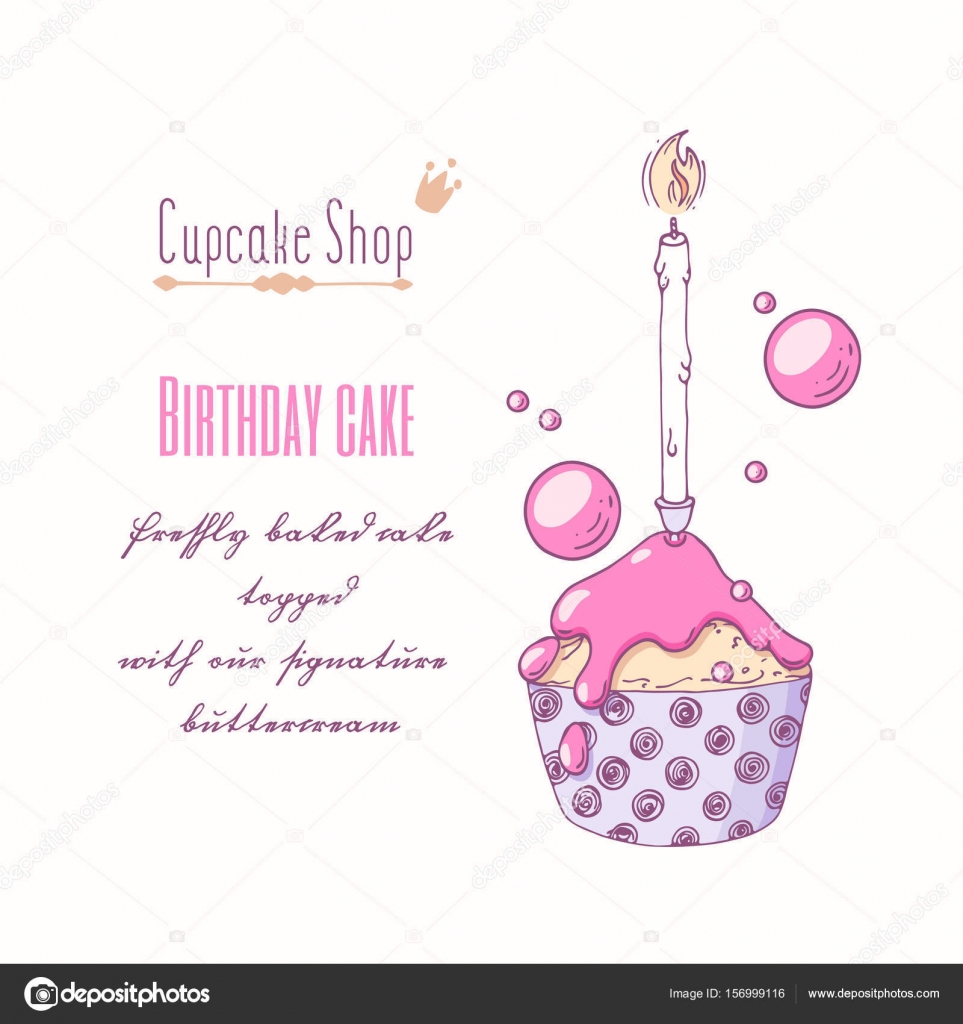 手の描き下ろしお祝いケーキ キャンドルとペストリー ショップ メニューの Buttercream の落書き 特別な誕生日の味 ストックベクター C Stuja