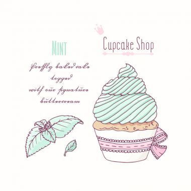 Elle çizilmiş cupcake doodle buttercream pasta dükkanı menü için ile. Nane tat
