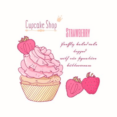 Elle çizilmiş cupcake doodle buttercream pasta dükkanı menü için ile. Çilekli lezzet