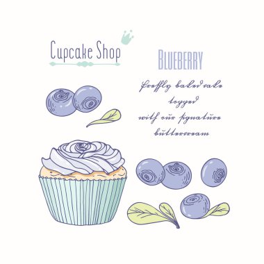 Elle çizilmiş cupcake doodle buttercream pasta dükkanı menü için ile. Blueberry lezzet
