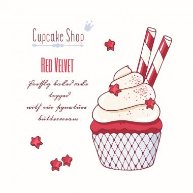 Elle çizilmiş kırmızı kadife Kek pasta dükkanı menü için doodle buttercream ile
