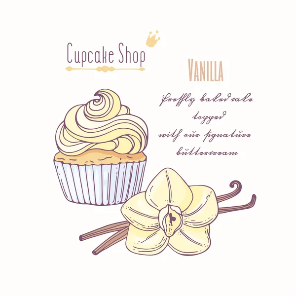 Cupcake desenhado à mão com creme de doodle para menu de pastelaria. Sabor de baunilha — Vetor de Stock