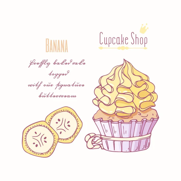 Cupcake dessiné à la main avec crème au beurre doodle pour menu pâtisserie. Saveur de banane — Image vectorielle