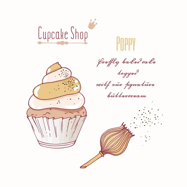 Cupcake desenhado à mão com creme de doodle para menu de pastelaria. Sabor de papoula — Vetor de Stock