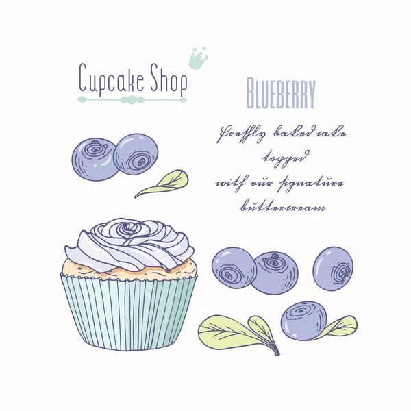 Cupcake dessiné à la main avec crème au beurre doodle pour menu pâtisserie. Saveur de myrtille — Image vectorielle