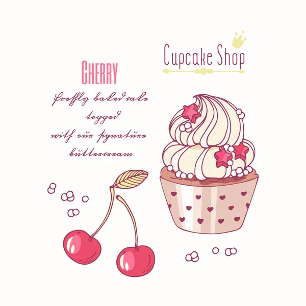 Cupcake dessiné à la main avec crème au beurre doodle pour menu pâtisserie. Saveur de cerise — Image vectorielle