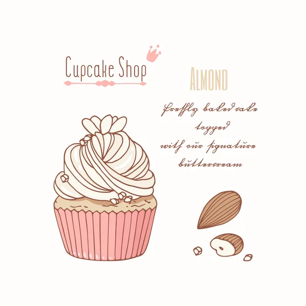 Cupcake dessiné à la main avec crème au beurre doodle pour menu pâtisserie. Saveur d'amande — Image vectorielle