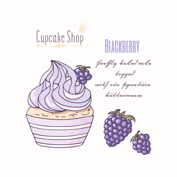 Cupcake dessiné à la main avec crème au beurre doodle pour menu pâtisserie. Saveur de mûre — Image vectorielle