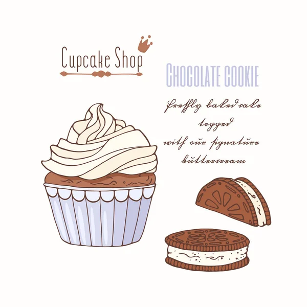 Cupcake dessiné à la main avec crème au beurre doodle pour menu pâtisserie. Saveur de cookie au chocolat — Image vectorielle