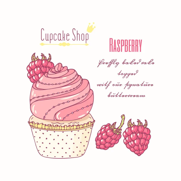 Elle çizilmiş cupcake doodle buttercream pasta dükkanı menü için ile. Ahududu lezzet — Stok Vektör