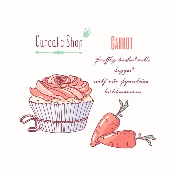 Cupcake dessiné à la main avec crème au beurre doodle pour menu pâtisserie. Saveur de carotte — Image vectorielle