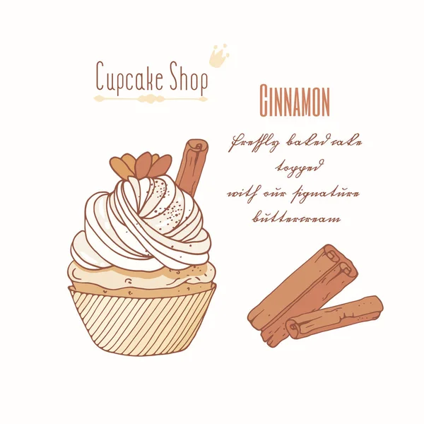 Χέρι cupcake με doodle buttercream για κατάστημα γλυκών. Γεύση κανέλας — Διανυσματικό Αρχείο