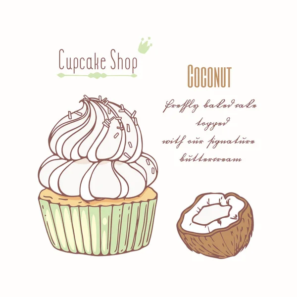 Cupcake dessiné à la main avec crème au beurre doodle pour menu pâtisserie. Saveur de noix de coco — Image vectorielle