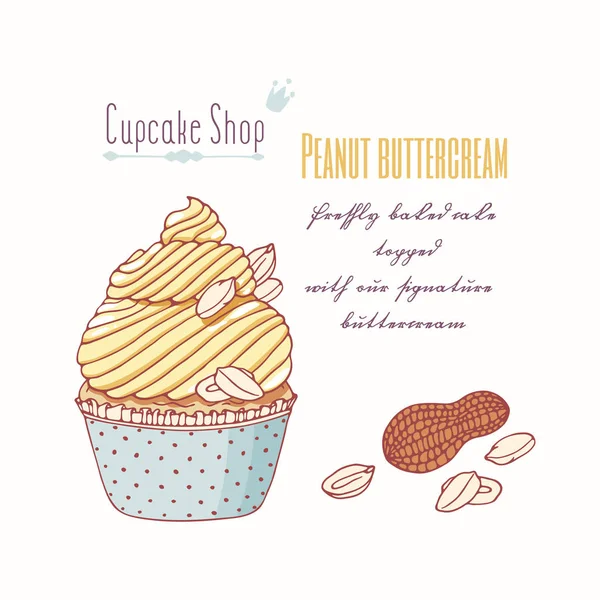 Cupcake dessiné à la main avec crème au beurre doodle pour menu pâtisserie. Saveur d'arachide — Image vectorielle